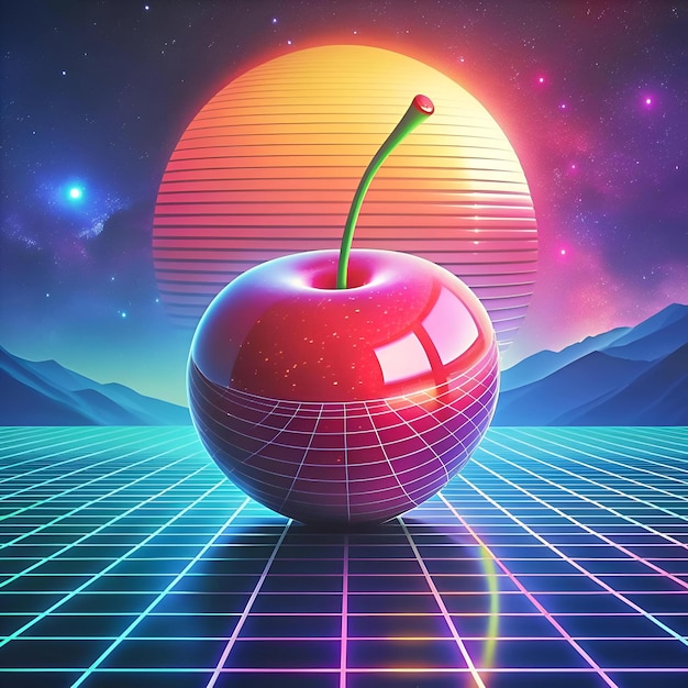 Photo a vibrant 3d illustration of a cherry set against a retro futuristic landscape with a glowing sunset