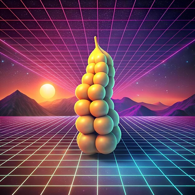 Photo a vibrant 3d illustration of a chickpea rendered in a retro 80s style standing tall against a glowing grid landscape