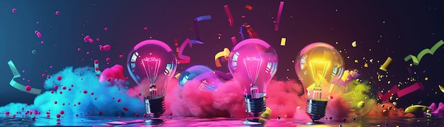 Photo a vibrant 3d illustration of colorful lightbulbs exploding with ideas symbolizing brainstorming