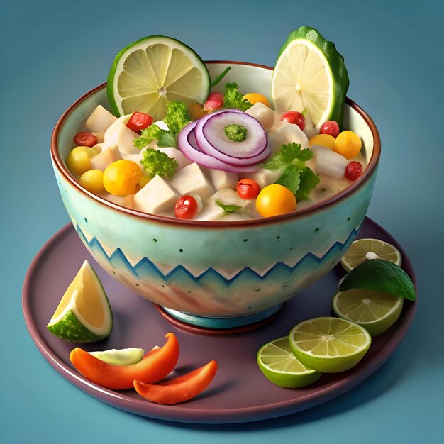 Photo a vibrant 3d illustration of a delicious ceviche dish perfect for food blogs restaurants and recipe websites