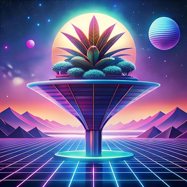 A vibrant 3D illustration featuring a futuristic landscape with a unique stylized plant in the center offering a whimsical and modern aesthetic perfect for futuristic designs