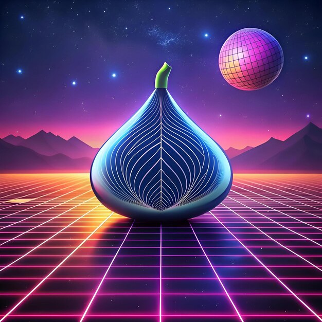 A vibrant 3D illustration of a fig set against a retro futuristic background