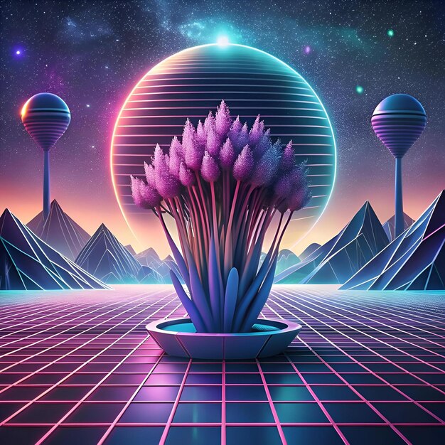 A vibrant 3D illustration of a futuristic chive plant set against a retro inspired landscape with a glowing orb geometric mountains and a gridded floor