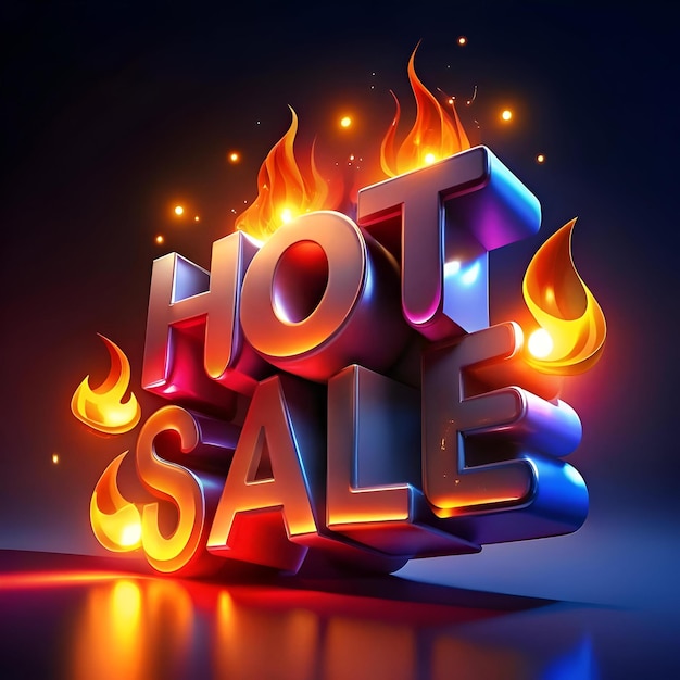 A vibrant 3D illustration of HOT SALE in bold metallic letters set ablaze with fiery flames and glowing embers