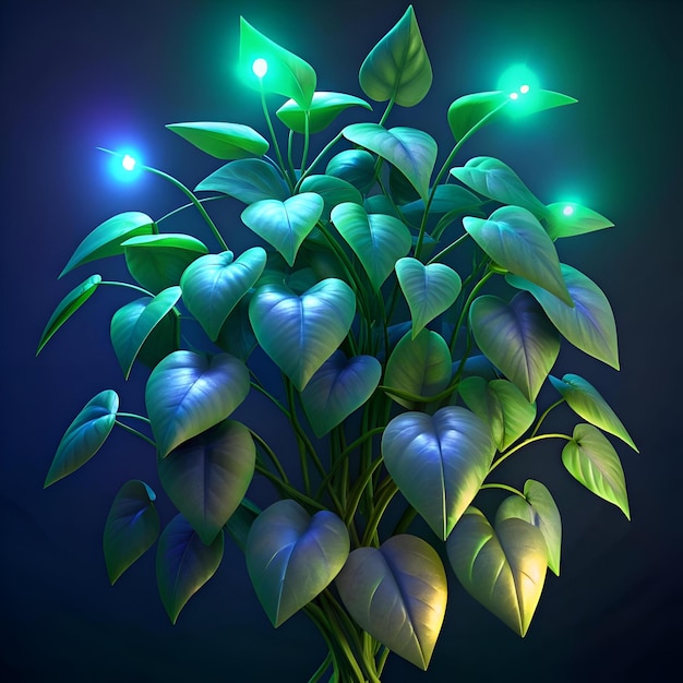 Photo a vibrant 3d illustration of a kudzu plant showcasing its lush heart shaped leaves illuminated by a mystical glow