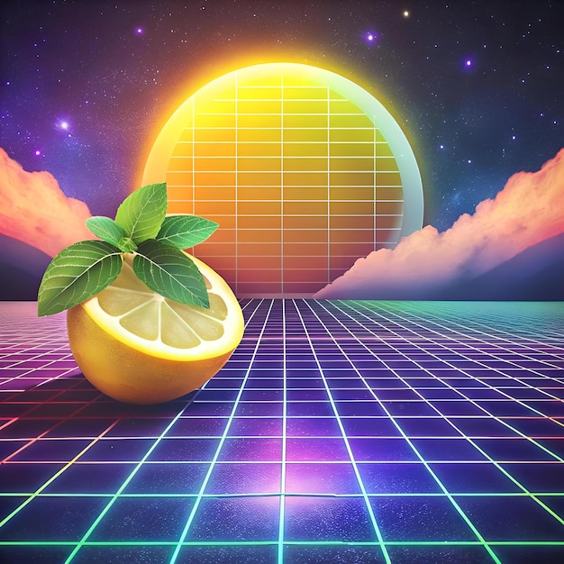 A vibrant 3D illustration of a lemon balm resting on a retro inspired grid