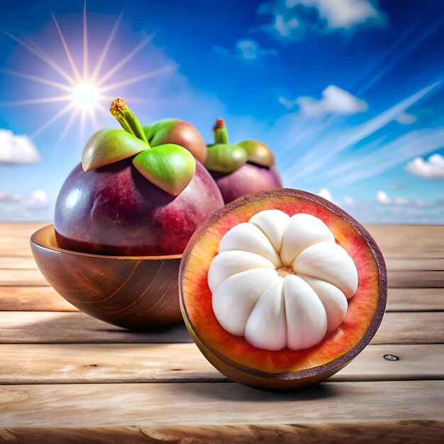 A vibrant 3D illustration of a mangosteen fruit sliced open to reveal its juicy white flesh against a sunny blue sky backdrop