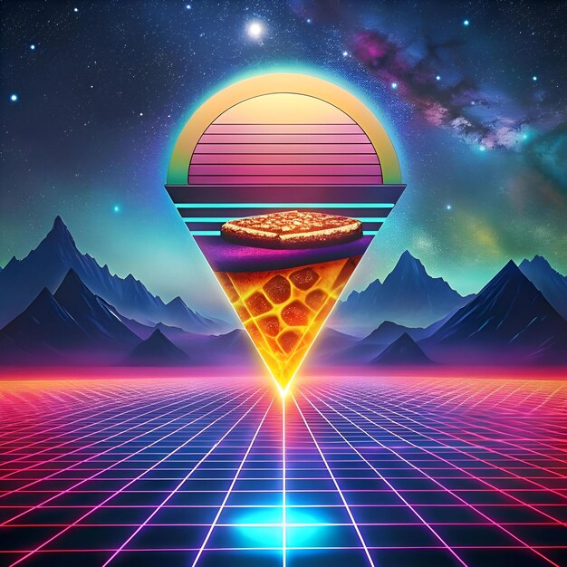 Photo a vibrant 3d illustration of a pizza slice floating over a neon retro cityscape