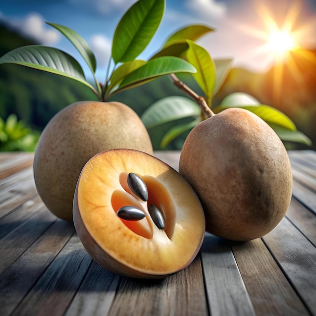 A vibrant 3D illustration of a sapodilla fruit showcasing its rich brown exterior and sweet golden flesh