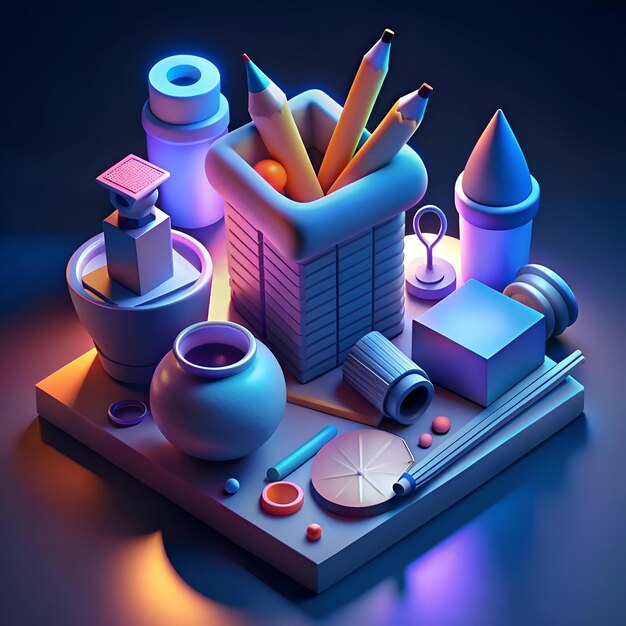 Photo a vibrant 3d illustration of stationery tools and objects rendered in a playful and trendy style perfect for adding a touch of creativity and fun to your designs