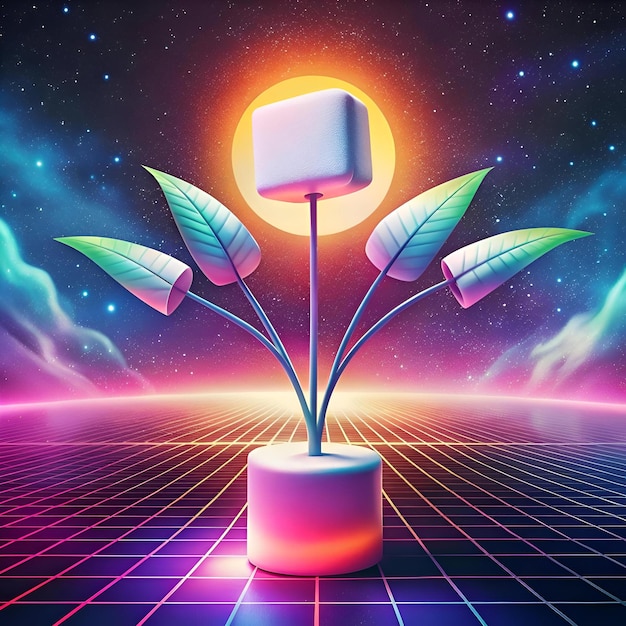 Photo a vibrant 3d illustration of a stylized plant with a cube shaped flower blooming against a retrofuturistic 80s inspired backdrop of a starry sky and a gridded landscape