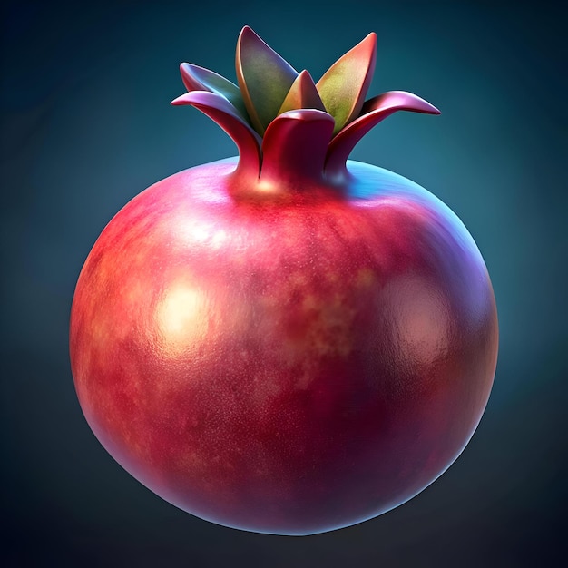 A vibrant 3D illustration of a whole pomegranate showcasing its textured skin and leafy crown