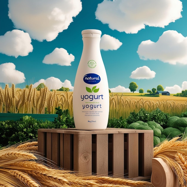 A vibrant 3D illustration of a yogurt bottle mockup