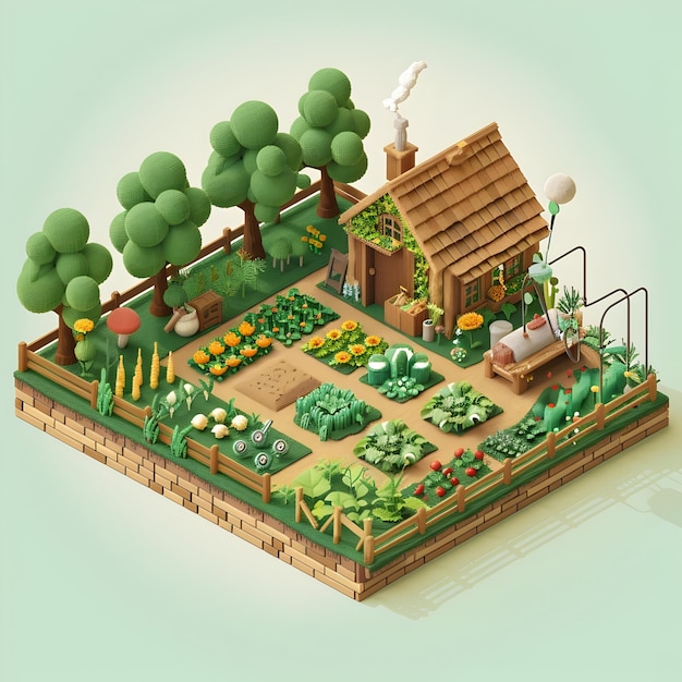 Vibrant 3D Isometric Pixel Art of Lush Vegetable Garden with Shed Tools and Watering System