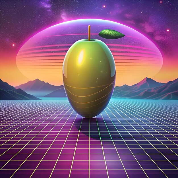 A vibrant 3D olive rendered in a retrofuturistic 80s style standing on a neon grid against a backdrop of a colorful sunset and a holographic sphere