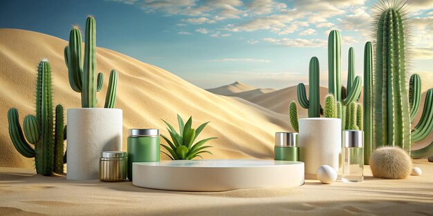 Vibrant 3D Podium Background with Cactus for Summer Cosmetic Products Promotion