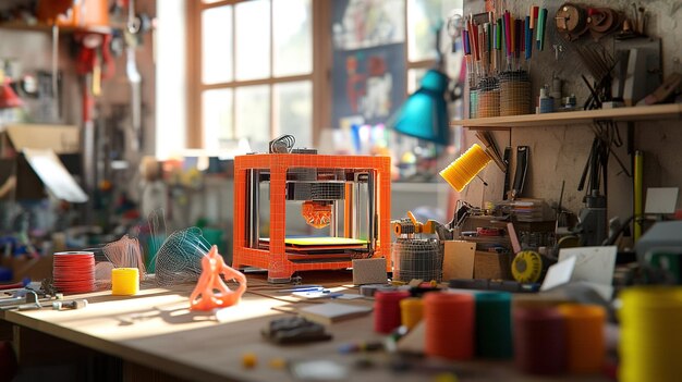 A vibrant 3D printing workshop filled with tools and colorful materials in the late afternoon light