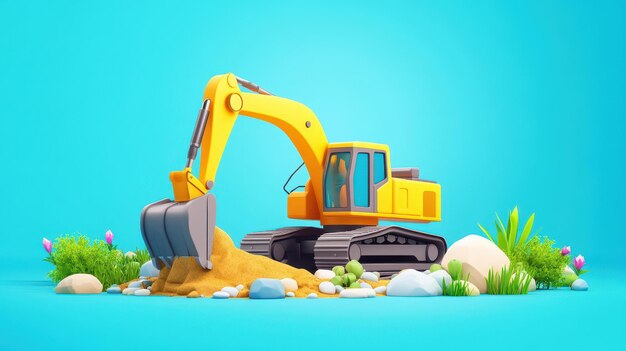 Photo vibrant 3d render of an excavator showcasing cartoonlike textures and a modern flat design