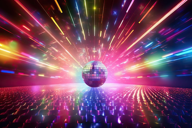 Vibrant 3D rendered background glowing disco lights neon light 3D radiance of the disco lights