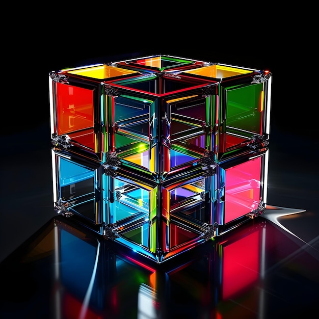 Photo vibrant 3d rendered rubik s cube sculpture with mesmerizing geometric facets and bold primary hues