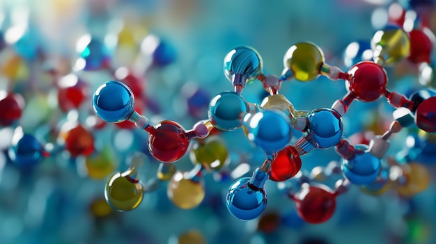 Vibrant 3D rendering of a complex molecular structure with colorful spheres connected by rods illustrating scientific molecular modeling