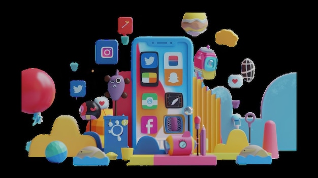 Vibrant 3D social media icons on a smartphone