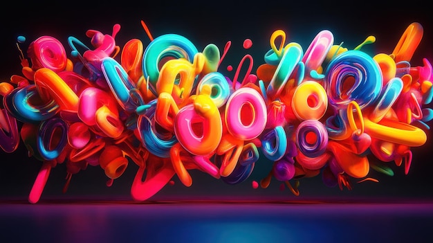 A vibrant 3D typography design with bubble letters in bright neon colors glowing softly against a dark background