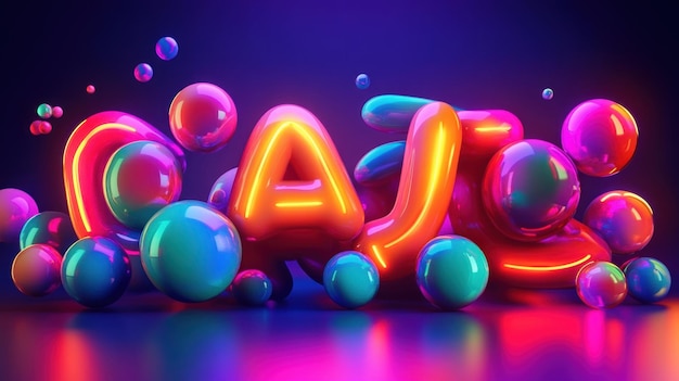 A vibrant 3D typography design with bubble letters in bright neon colors glowing softly against a dark background