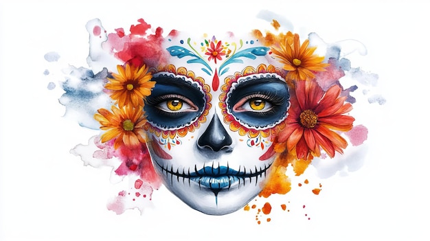 Photo vibrant 3d watercolor dia de muertos face paint design artistic skull makeup