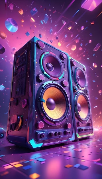 Vibrant 80s style music background with speakers