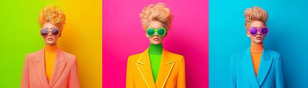 Photo a vibrant 80sinspired fashion shoot with neon colors oversized blazers and big hair