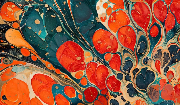 Vibrant abstract acrylic pour painting with swirling colors