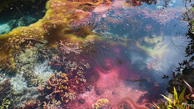 Photo a vibrant abstract of an algaefilled pond with pink yellow and green hues