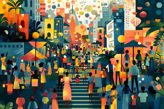 Photo vibrant abstract art of friends exploring a lively city market