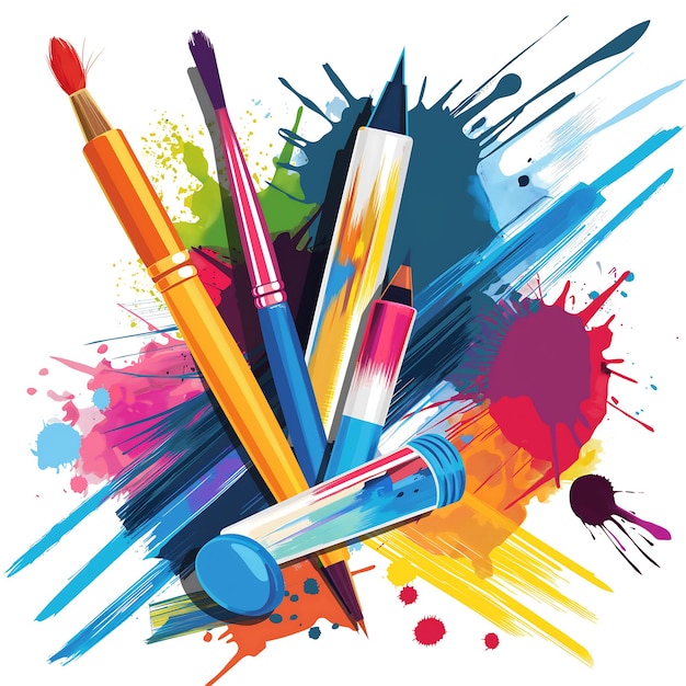 Vibrant Abstract Art of Paintbrushes and Pencils with Colorful Splashes