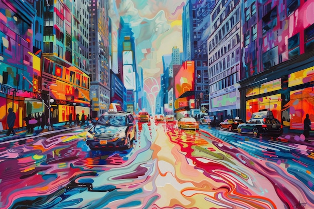 Vibrant abstract artwork depicting a bustling city street with colorful buildings and cars capturing the dynamic energy of urban life