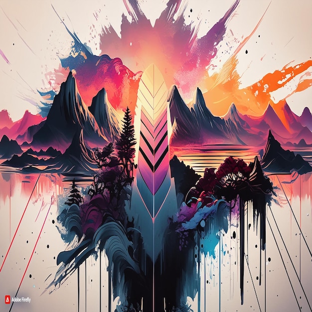 A vibrant abstract artwork featuring a central burst of light flanked by mirrored dark floral patterns against a sunset backdrop