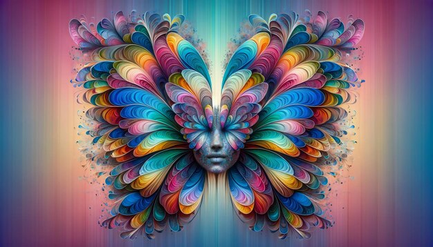 Vibrant Abstract Artwork Featuring a Multicolored Butterfly Formation with a Human Face Centerpiece