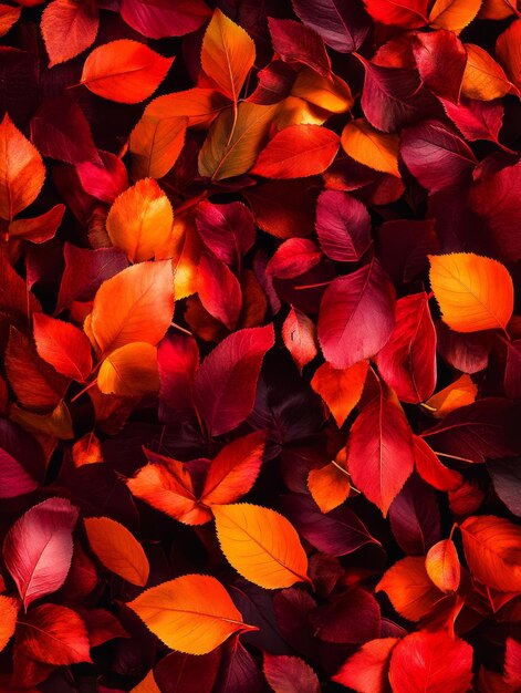 A vibrant abstract background featuring a closeup of autumn leaves in shades of red orange a