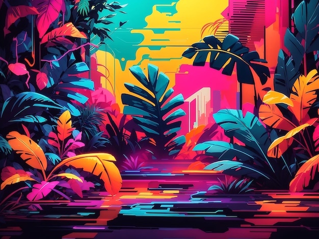 a vibrant abstract background that fuses elements of a jungle with electric and neon hues