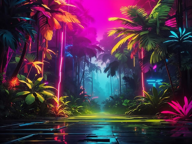 a vibrant abstract background that fuses elements of a jungle with electric and neon hues