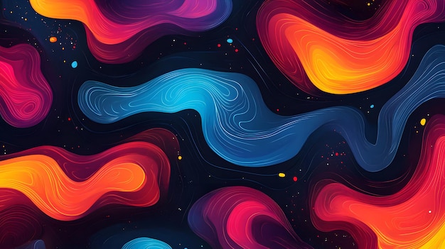 Vibrant Abstract Background with Colorful Flowing Shapes and Dynamic Doodle Patterns in Bold Pink