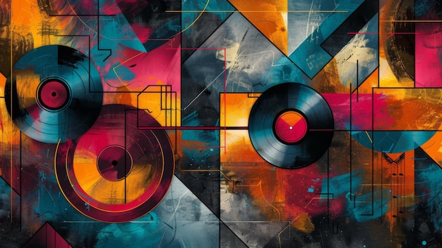 A vibrant abstract background with musical geometric shapes elements of jazz culture vinyl records