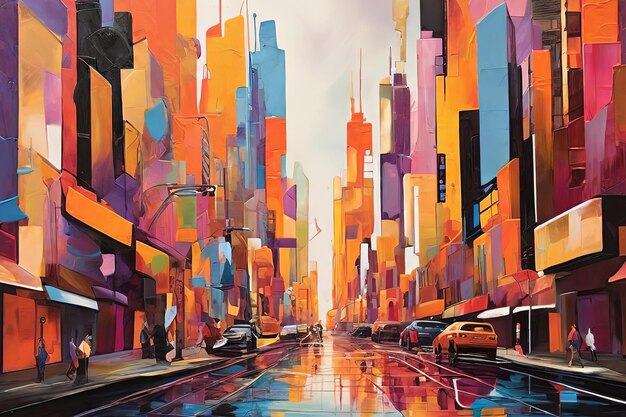 Vibrant abstract cityscape painting captures the lively spirit with explosive colors dynamic shapes