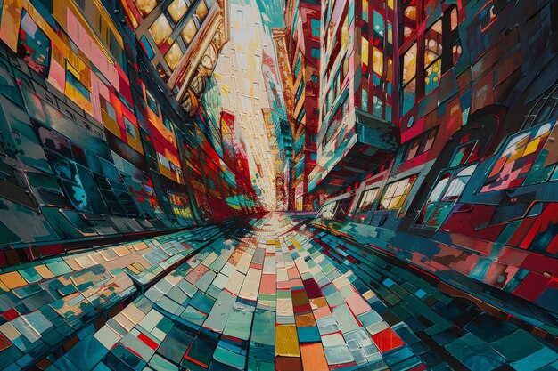 Photo vibrant abstract cityscape painting in a dynamic cubist style featuring colorful geometric patterns and urban elements in motion