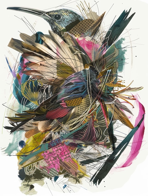 Photo vibrant abstract collage art featuring colorful bird with dynamic textures and patterns