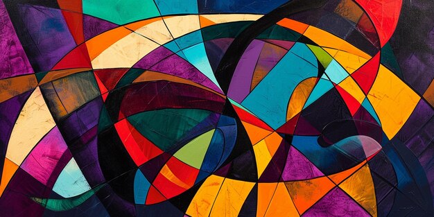 A vibrant abstract composition of intersecting lines and bold colors evoking a sense of movement an