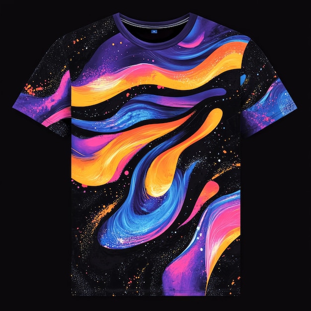 Photo a vibrant abstract design on a tshirt featuring swirling colors against a dark background