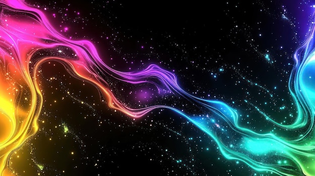 A vibrant abstract design with flowing colors against a starry background