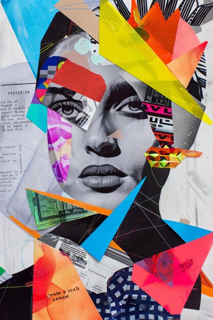 Vibrant Abstract Female Portrait with Geometric Shapes and Colorful Collage Elements